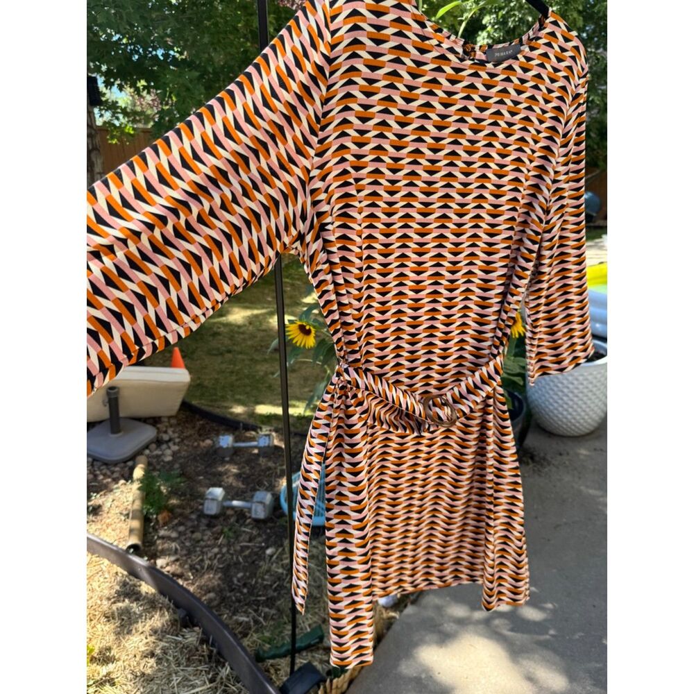 Primark Geometric Pattern Dress Peach,Black, Cream Belted 3/4 Sleeve